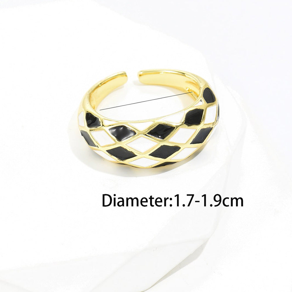 Vintage Geometric Diamond Black and White Checkered Enamel Copper Ring 18K Gold Plated Open Adjustable for Women