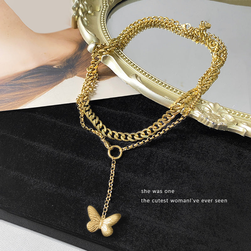 Unique Gold Plated Titanium Steel Butterfly Double Layer Necklace