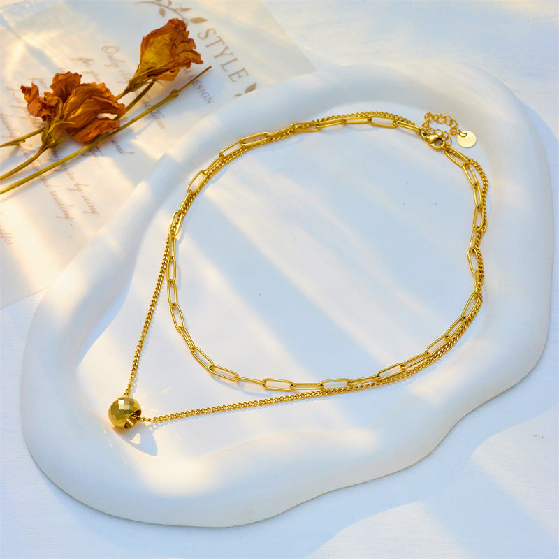 Minimalist Luxury Double-Layer Titanium Steel Necklace with Faceted Round Pendant and Adjustable Chain for Women