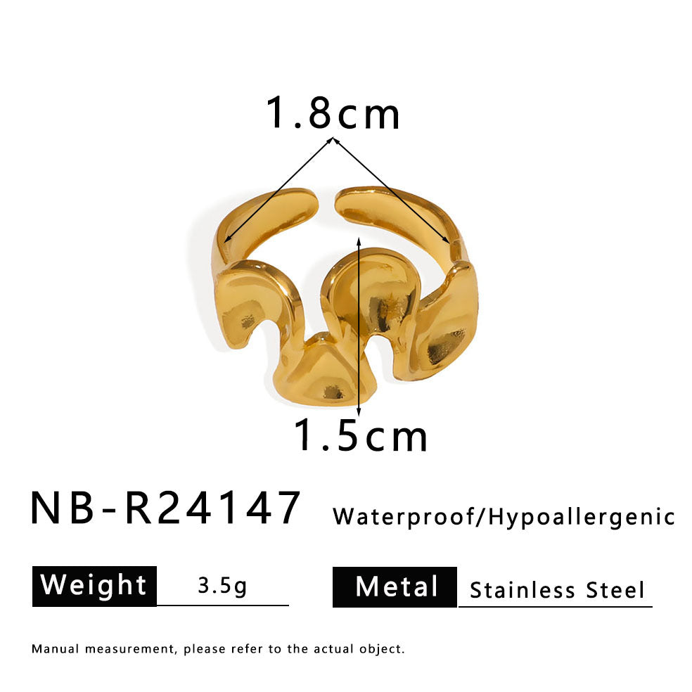 Anello in acciaio inossidabile con trama a onda geometrica, placcato in oro 18 carati, impermeabile, unisex, alla moda