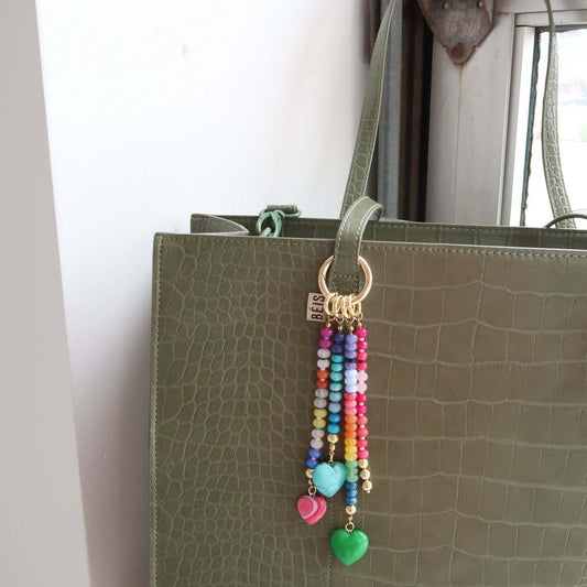Sweet Heart Geometric Titanium Steel Plated Bag Charm Bar with Colorful Beads and Keychain