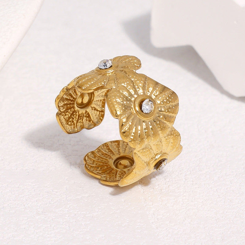 Minimalist Elegant Gold Plated Stainless Steel Floral Rhinestone Open Ring for Women