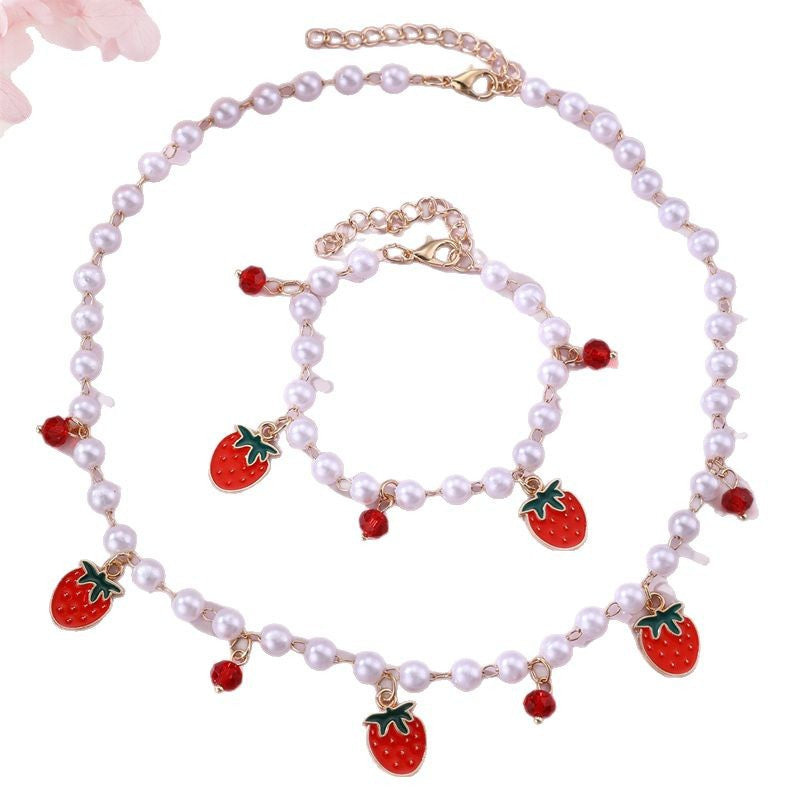 Set di Collana Minimalista a Forma di Fiocco in Resina con Perline a Ciliegia e Cuore per Ragazze, Gioielli Dolci Ispirati alle Perle