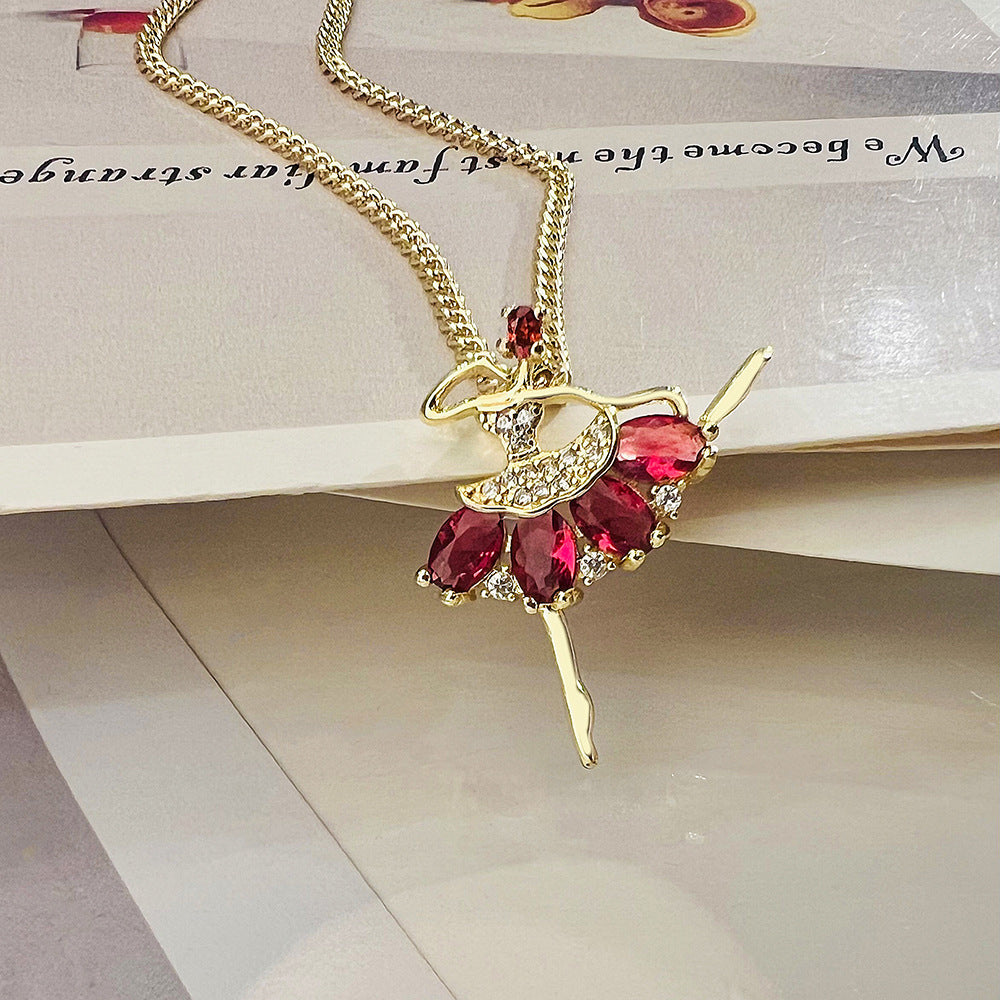 Minimalist Ballet Dancer Pendant Necklace with Copper Base Plated in 18K Gold and Zircon Inlay