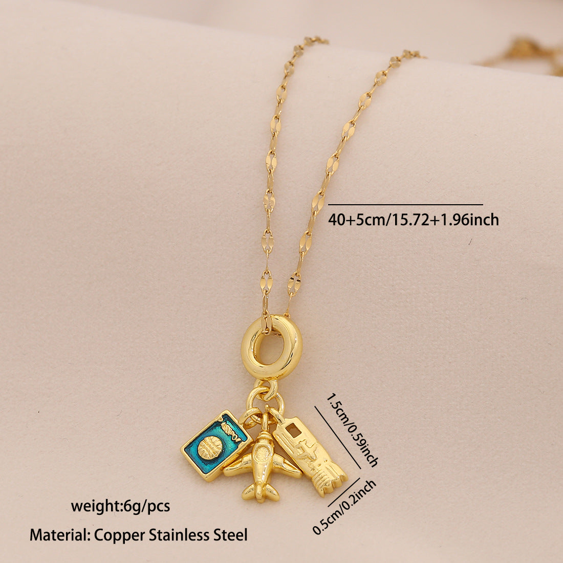 Collana con ciondolo aereo e mappamondo vintage in acciaio inossidabile con finitura smaltata