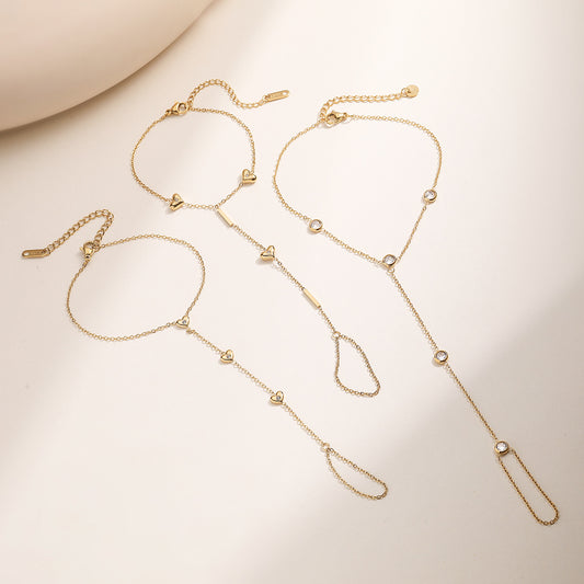 Fashion 18K Gold Plated Heart Cubic Zirconia Stainless Steel Hand Chain for Women