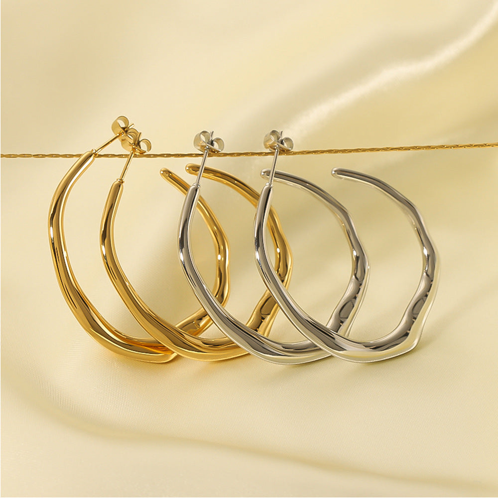 Irregular C-Shaped Stainless Steel Earrings with 18K Gold Plating, Minimalist Fashion Ear Cuffs for Women
