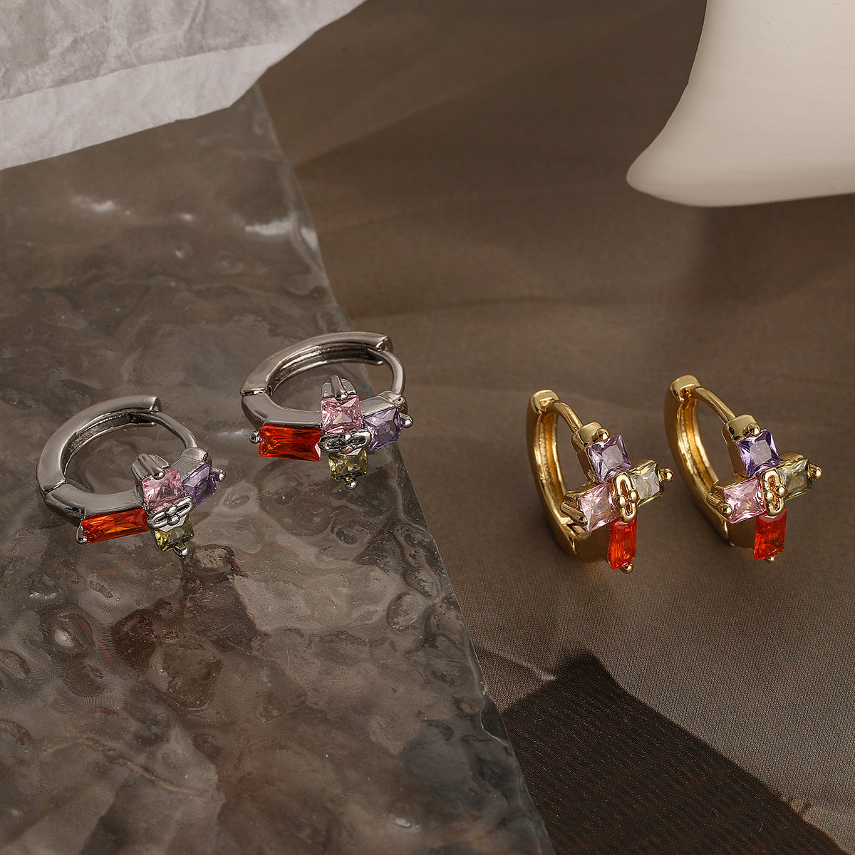 Minimalist Cross-Shaped Copper Earrings with Real Gold Plating and Zircon Accents for Women