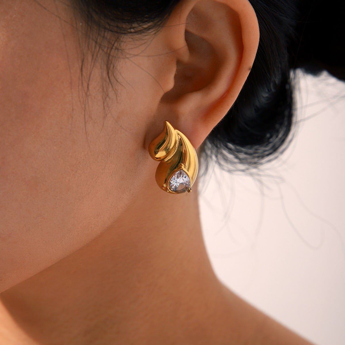 Minimalist Double Teardrop Stainless Steel Earrings for Women with Plated Finish and Rhinestone Inlay