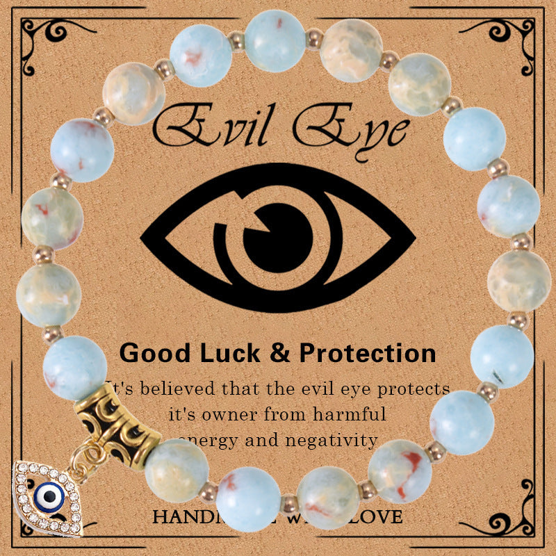Minimalist Elegant 8mm Pink Zebra Stone Evil Eye Bracelet Unisex Fashion Jewelry Gift