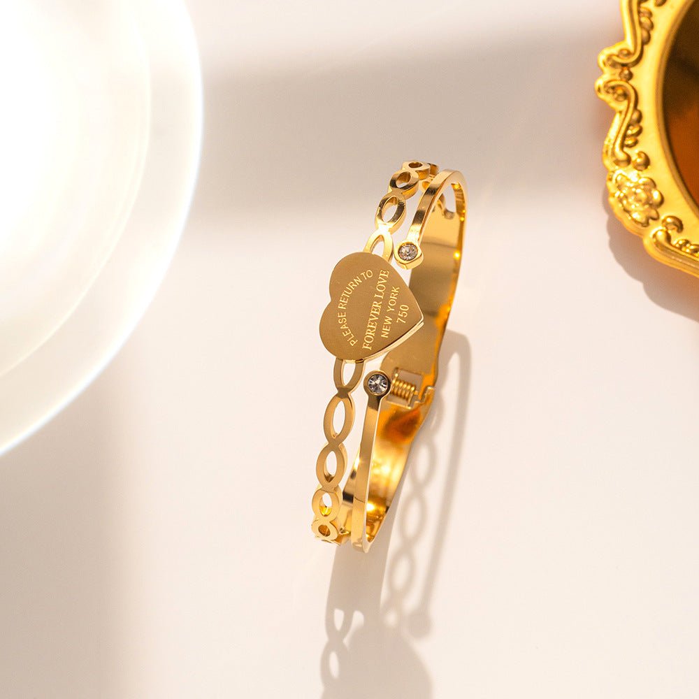 Bracciale Minimalista in Acciaio Inossidabile da Donna con Placcatura in Acciaio al Titanio e Intarsio di Strass a Forma Geometrica Ovale