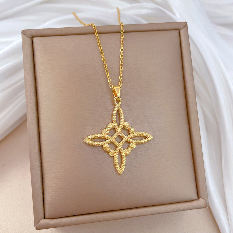 Minimalist Sweet Geometric Rhinestone Inlaid Titanium Steel Necklace with Brass Pendant