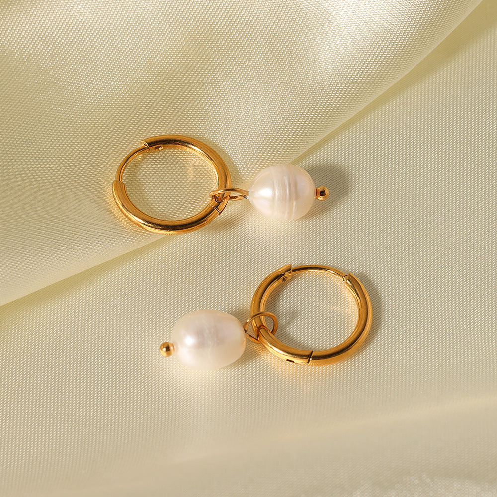 Vintage French Style Geometric Freshwater Pearl Earrings in Titanium Steel with Plated Finish for Women