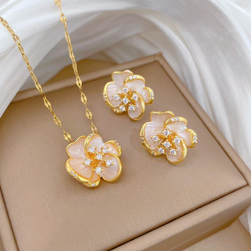 Sweet Elegant Rotating Drip Oil Floral Moon Rhinestone Pendant Titanium Steel Necklace Set for Unisex