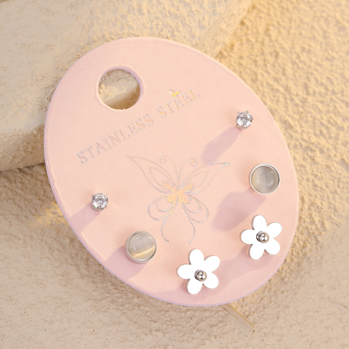 Fashionable Office-Style Flower-Shaped Zircon and Cat's Eye Stone Stud Earrings in Titanium Steel with Plated Finish