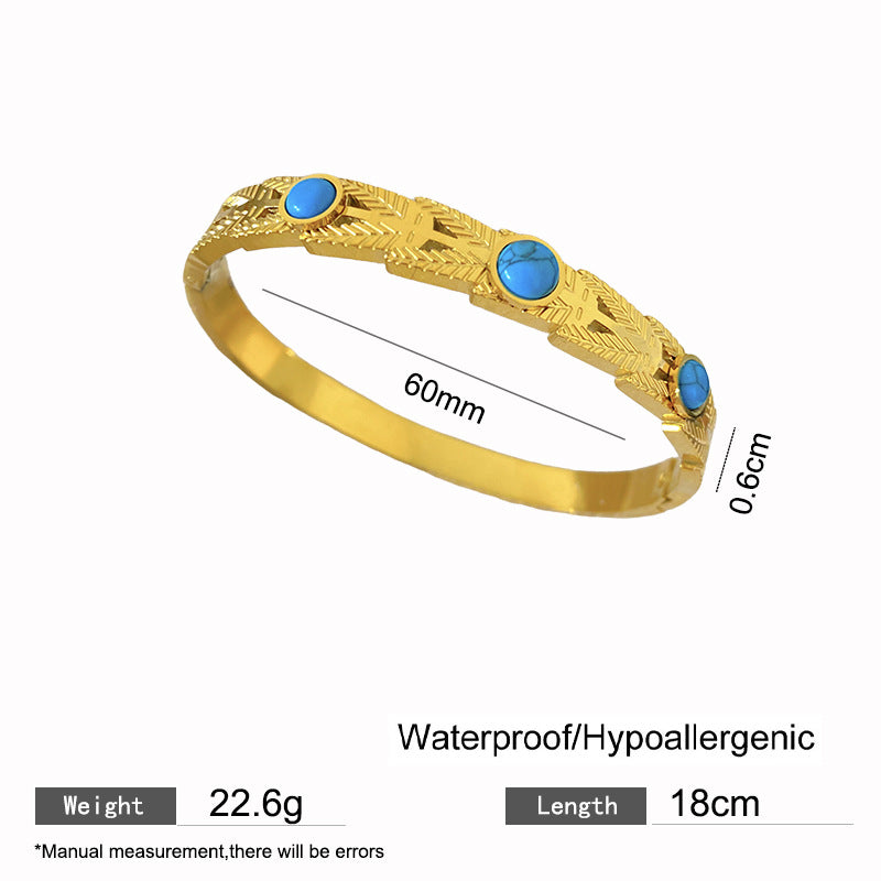 Vintage Gold Plated Titanium Steel Bracelet with Turquoise Inlay and Wheat Ear Floral Pattern for Women