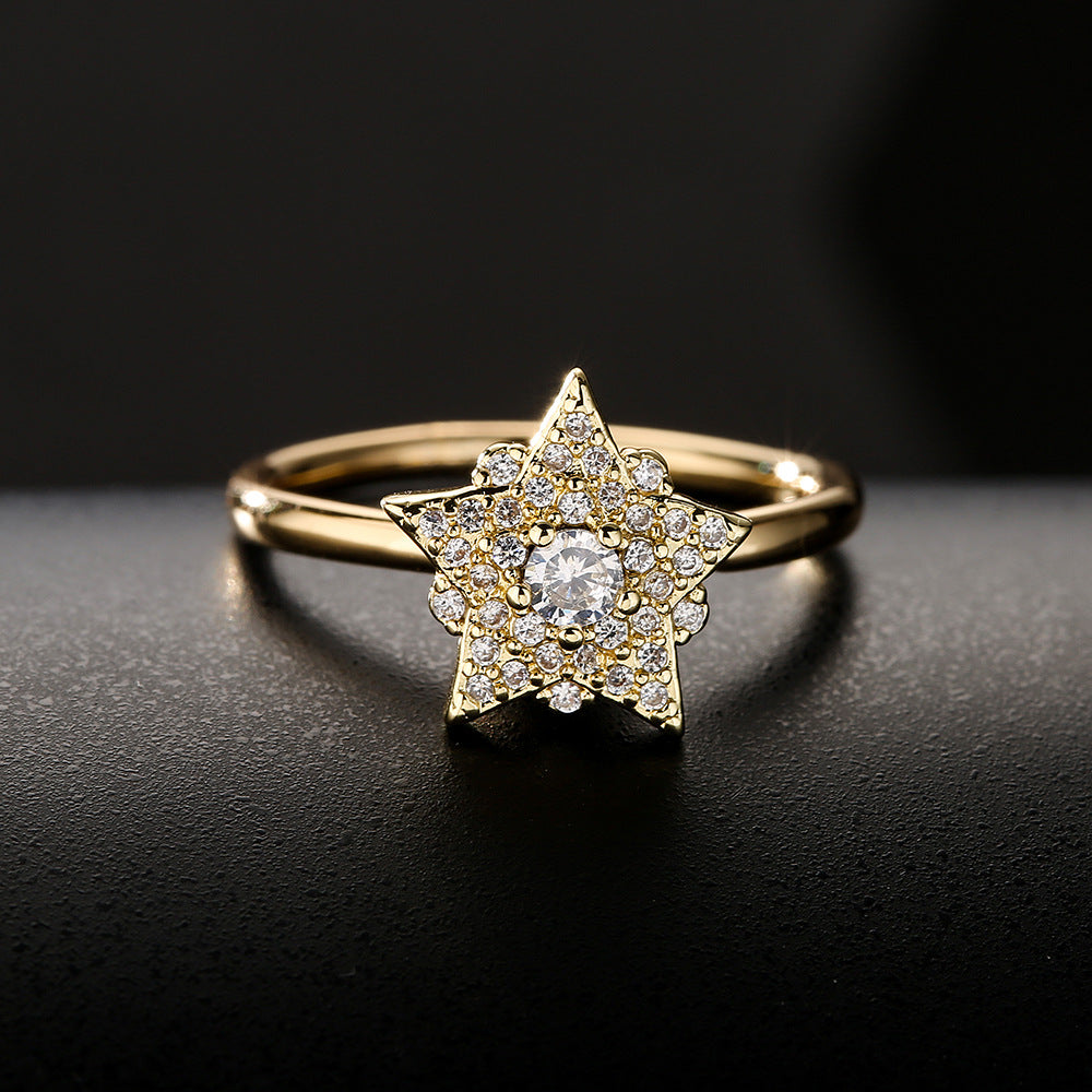 INS Style Geometric Copper Ring with 18K Gold Plating and Micro-Paved Zirconia Crown Star Design