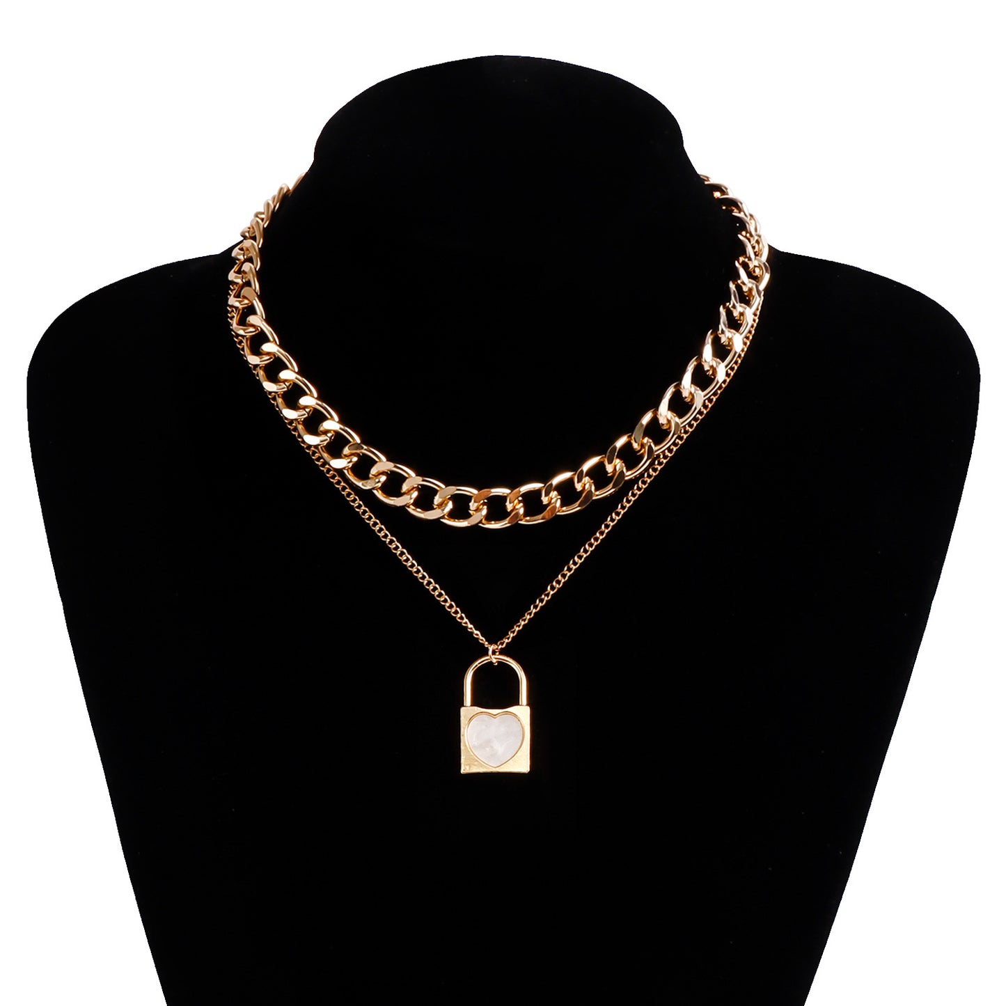 Elegant Two-Tier White Mother-of-Pearl Inspired Lock Pendant Necklace in Plated Metal with Clavicle Chain for Women