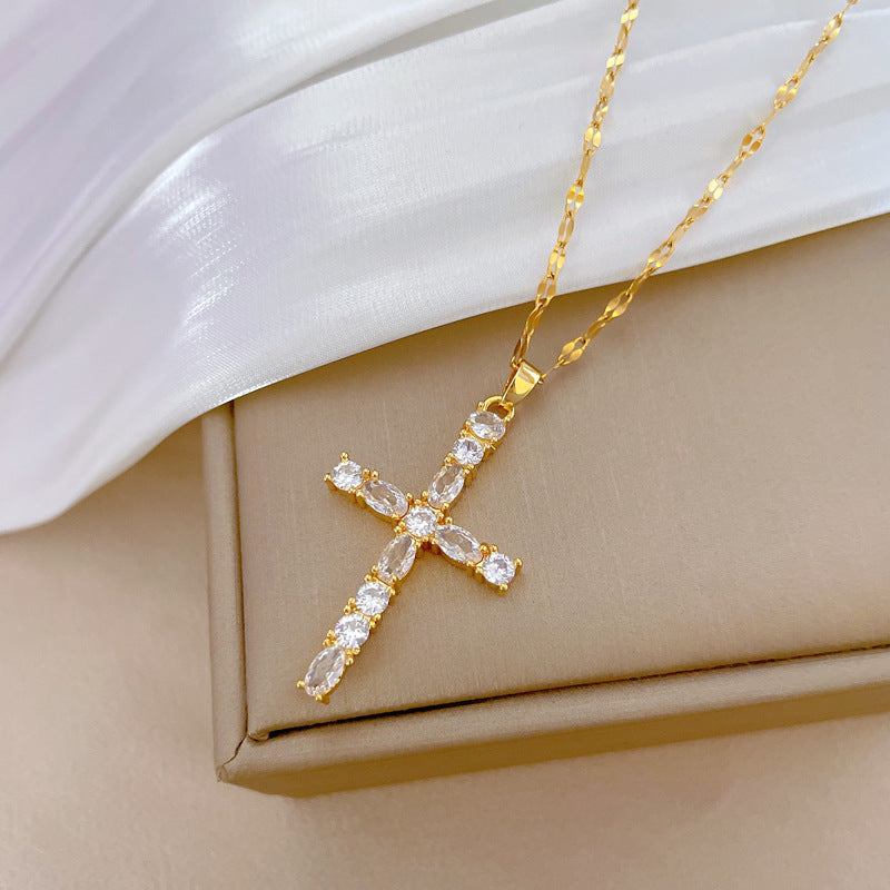 Collar de lujo con colgante de cruz de acero de titanio con diamantes de imitación para mujeres y hombres, patrón de luna