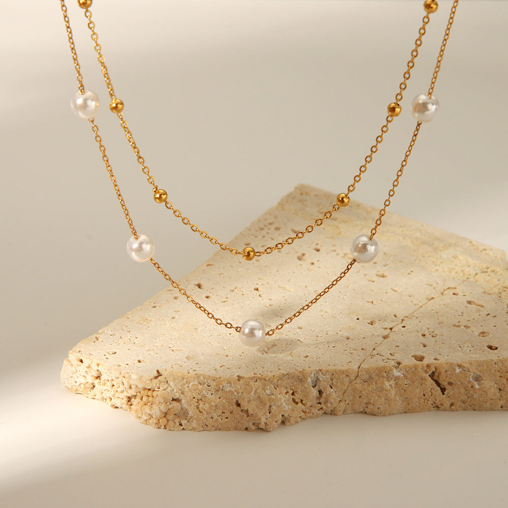 Collar minimalista geométrico con perlas y cadena de acero inoxidable chapada en oro de 18 quilates para mujer