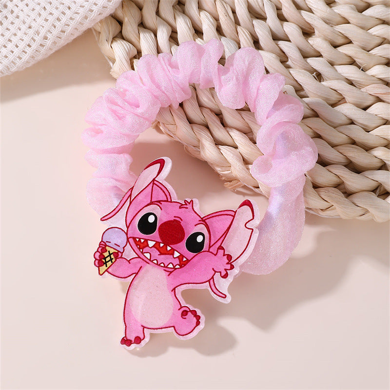 Cute Pink Stitch Hair Tie for Girls Cartoon Character Elastic Ponytail Holder Knitted Bow Headband Accessory