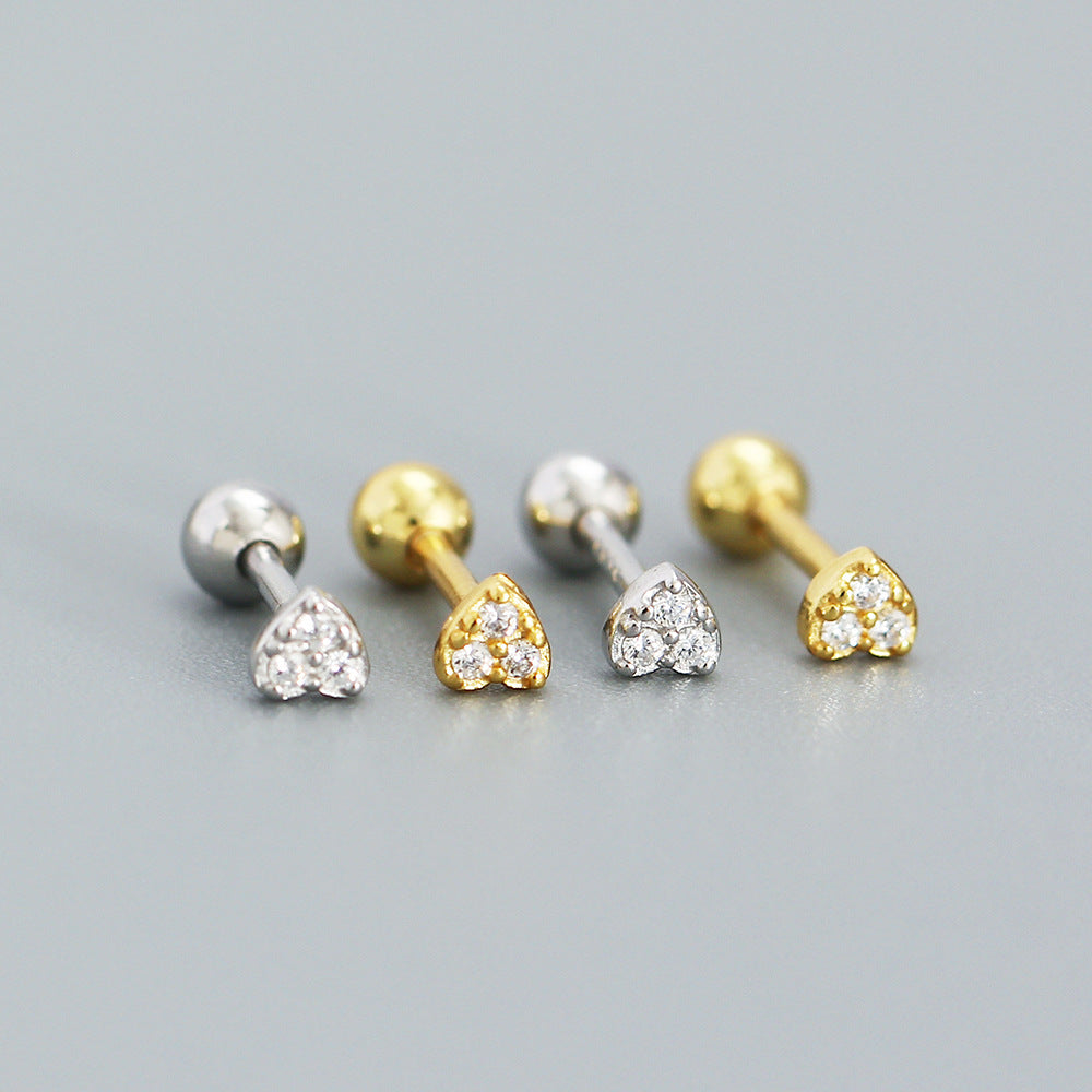 Sweet Minimalist 925 Sterling Silver Heart Inlay Rhinestone Stud Earrings for Women
