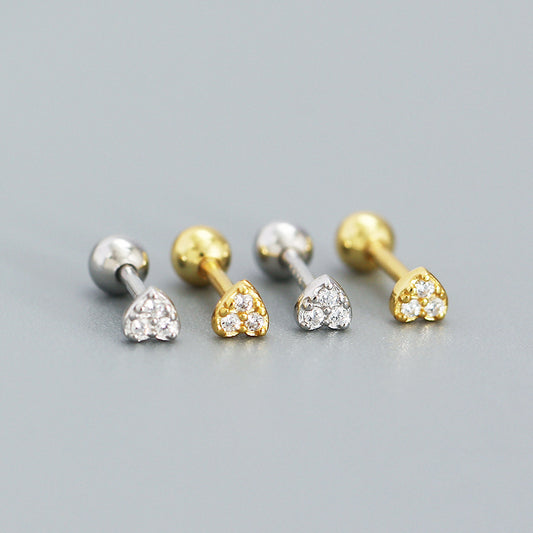 Orecchini a perno da donna a cuore intarsiato in strass in argento sterling 925 dolce minimalista