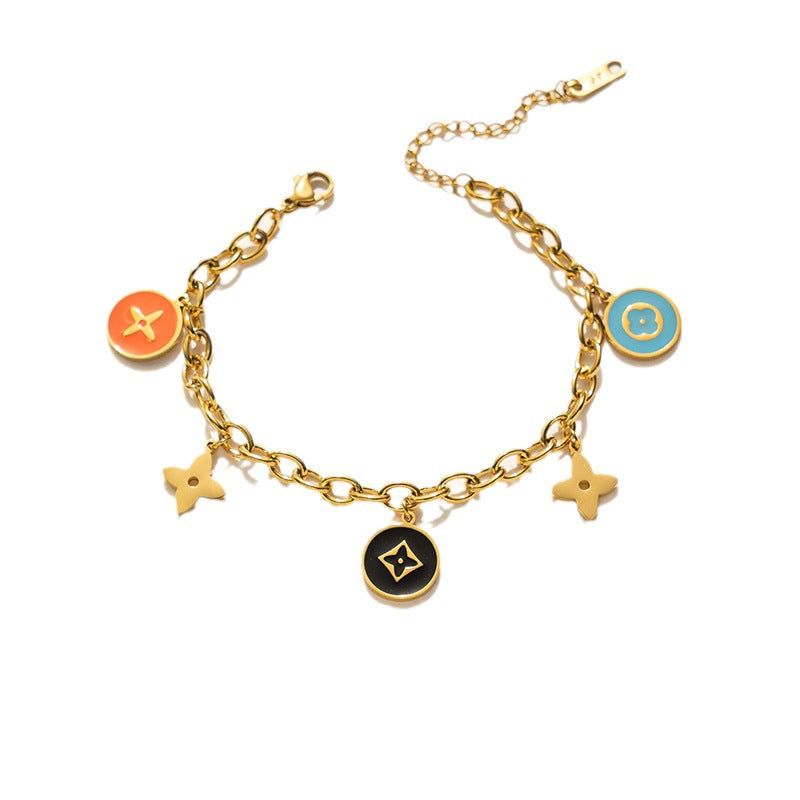Luxury Four-Leaf Clover Titanium Steel Bracelet with Enamel Finish for Women