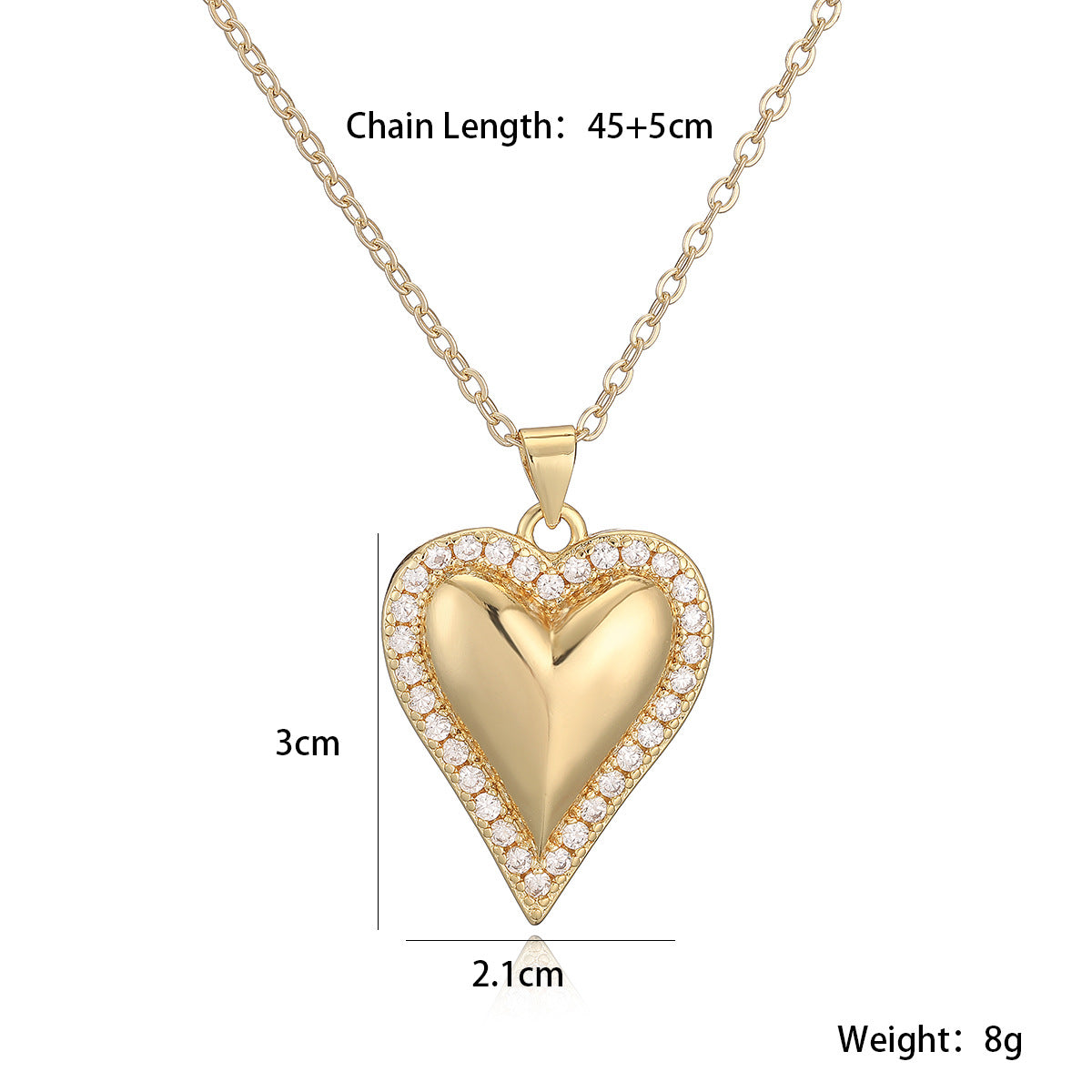 Minimalist 18K Gold Plated Brass Heart Cubic Zirconia Pendant Necklace for Women