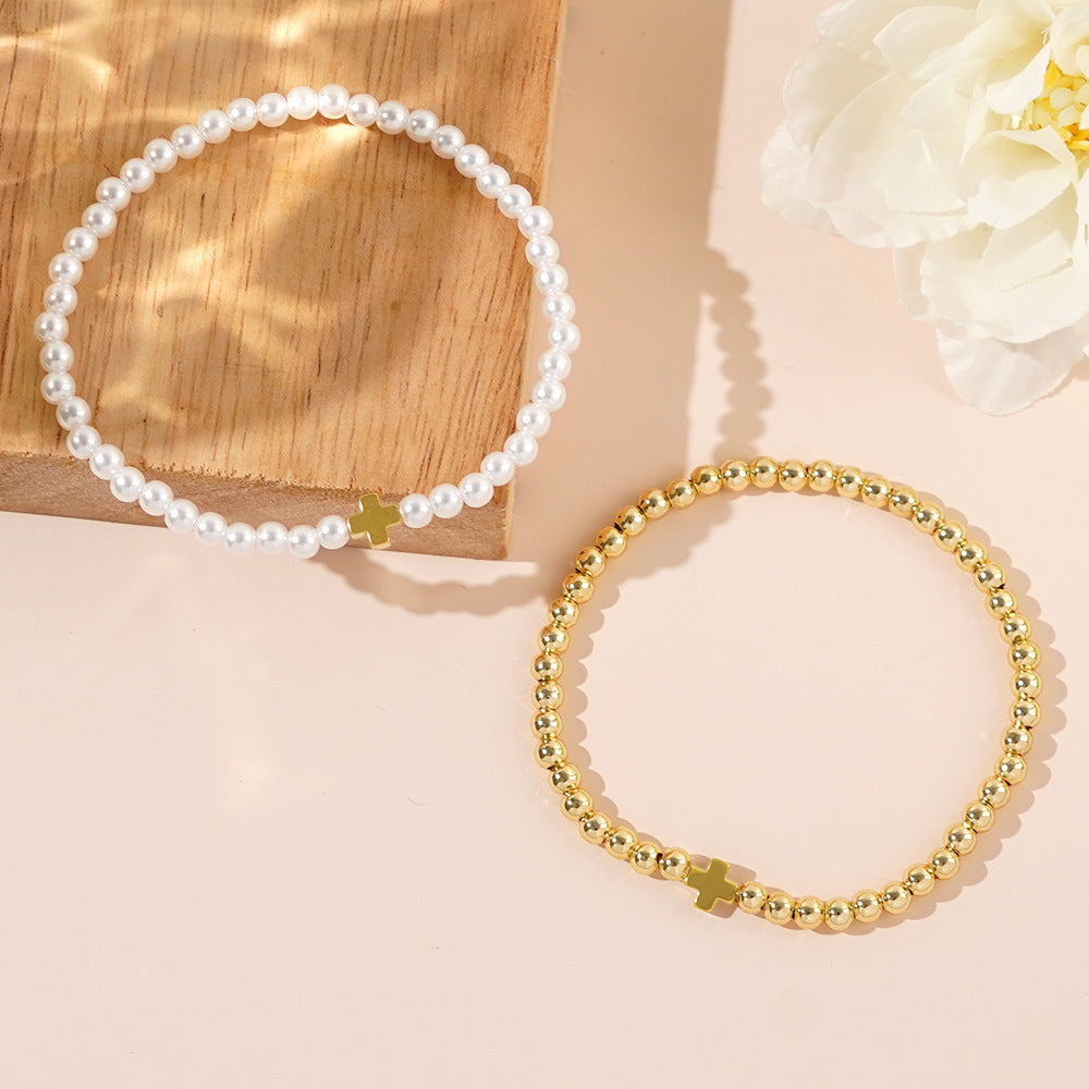 Luxury Elegant Geometric Cross Imitation Pearl Brass Bracelet Set for Women