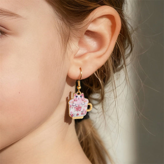 Pendientes infantiles de resina con diseño de gatito de dibujos animados, con forma de lazo y perlas incrustadas, para niños de 3 a 10 años