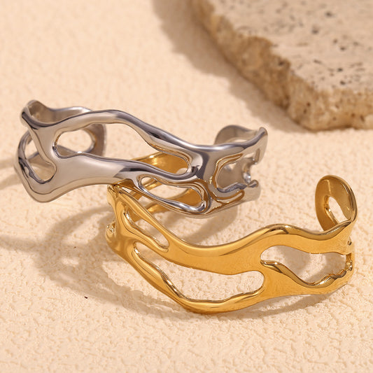 Minimalist Wave Hollow Stainless Steel Bracelet for Women with 18K Gold Plating