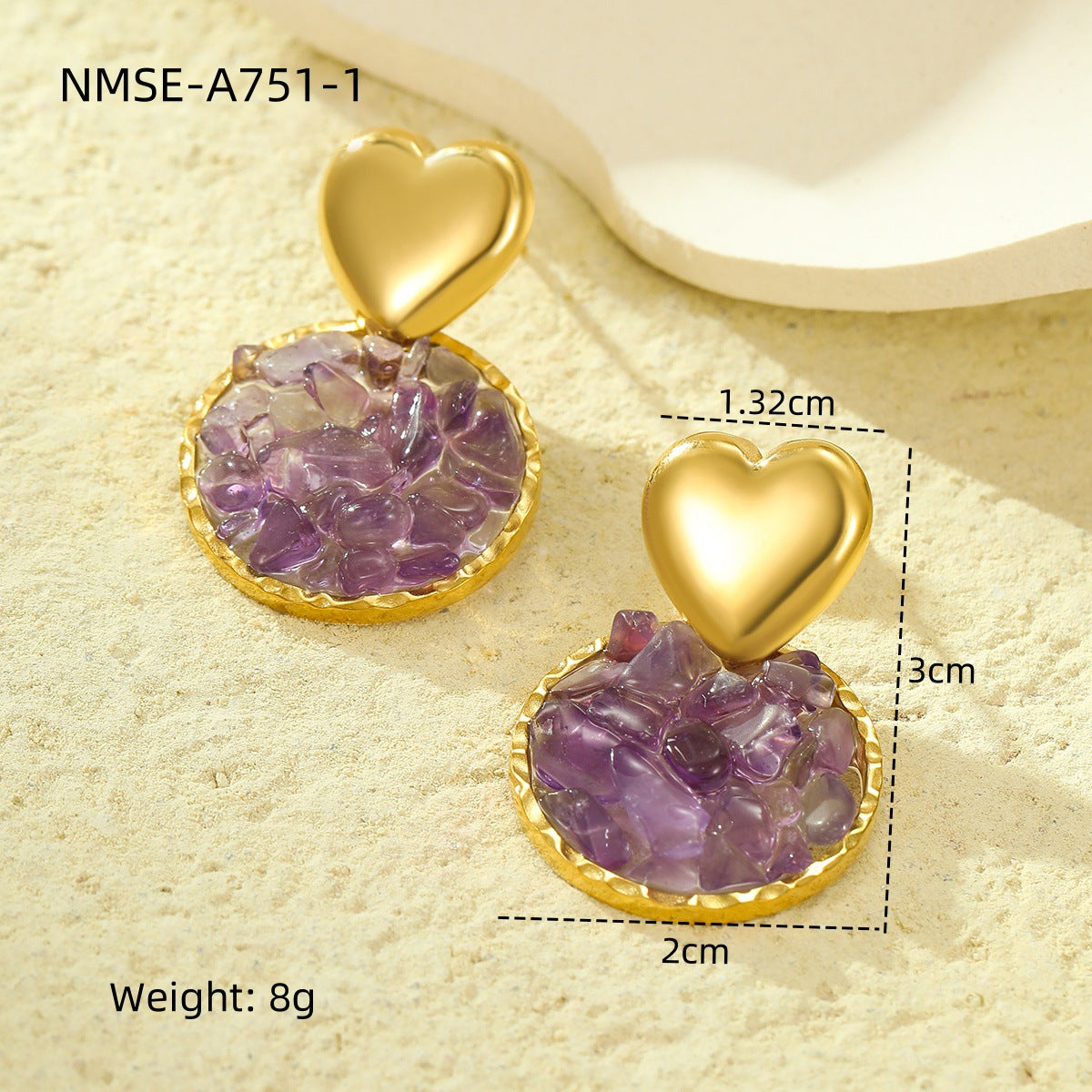 Pendientes Colgantes de Acero Inoxidable con Forma de Corazón Estilo Vintage, Incrustaciones de Piedras Naturales y Baño de Oro