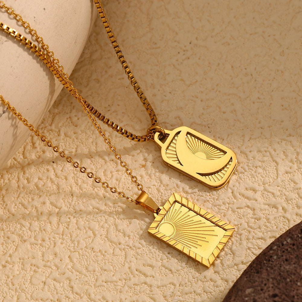 Geometric Moon and Sun Pendant Necklace for Women Stainless Steel with 18K Gold Plating Box Chain