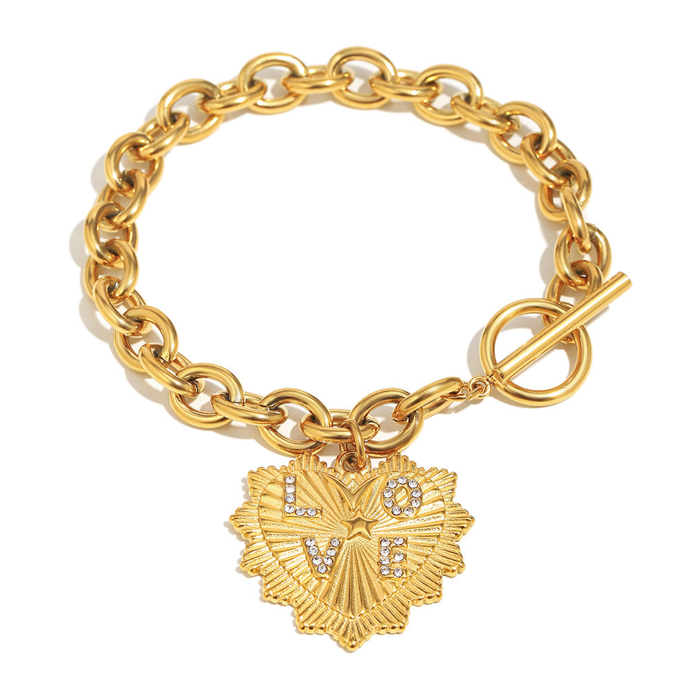 Set di collana e bracciale pendente a cuore in stile vintage in acciaio inossidabile con placcatura in oro 18 carati su catena O-ring