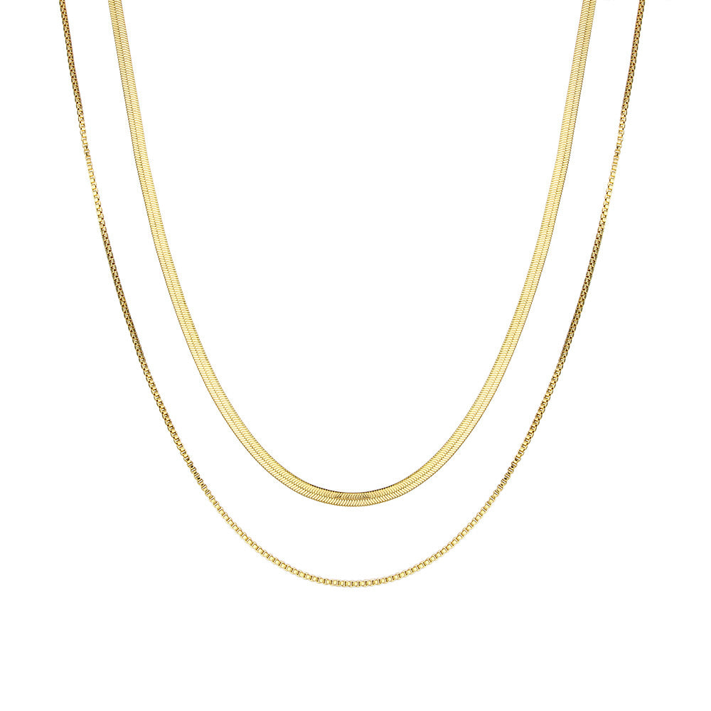 Minimalist Geometric Stainless Steel Plated 18K Gold Double-Layer Flat Snake Chain Necklace for Women