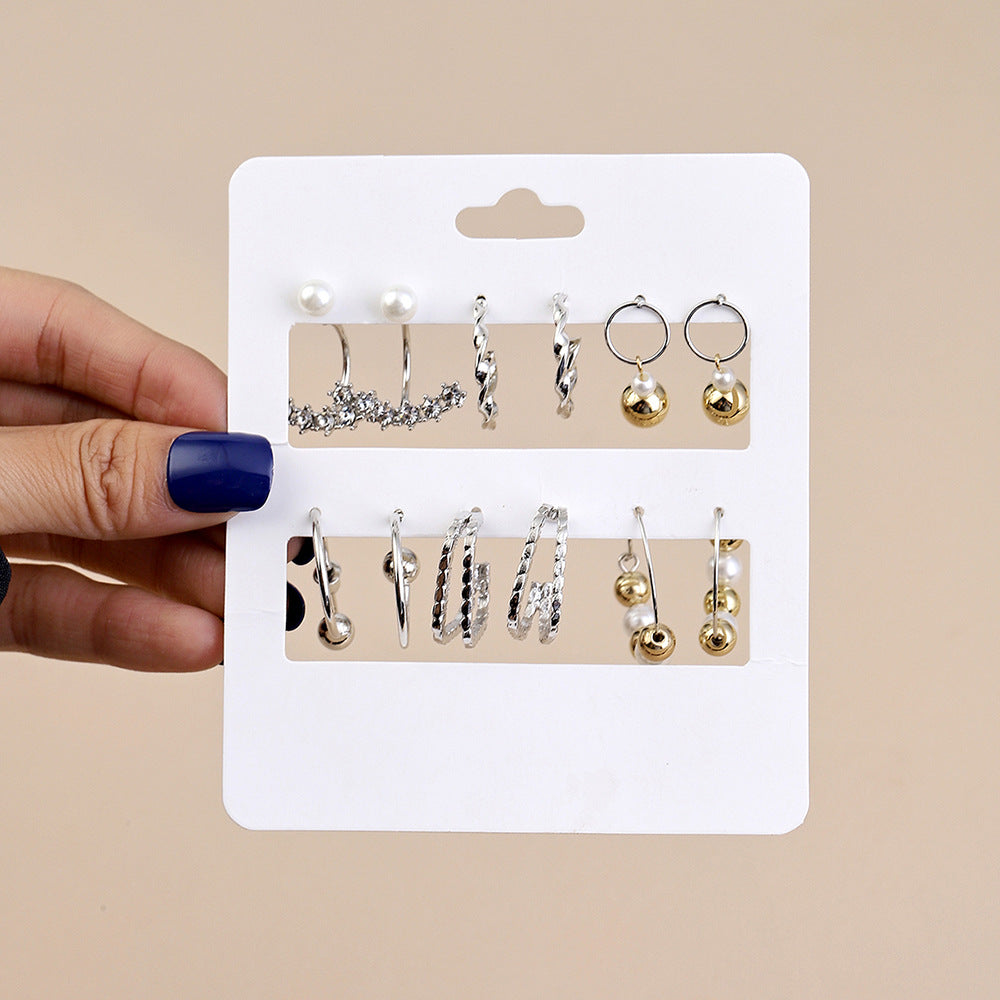 Vintage Geometric Round Alloy Hoop Earrings Set with Rhinestone and Pearl Inlay