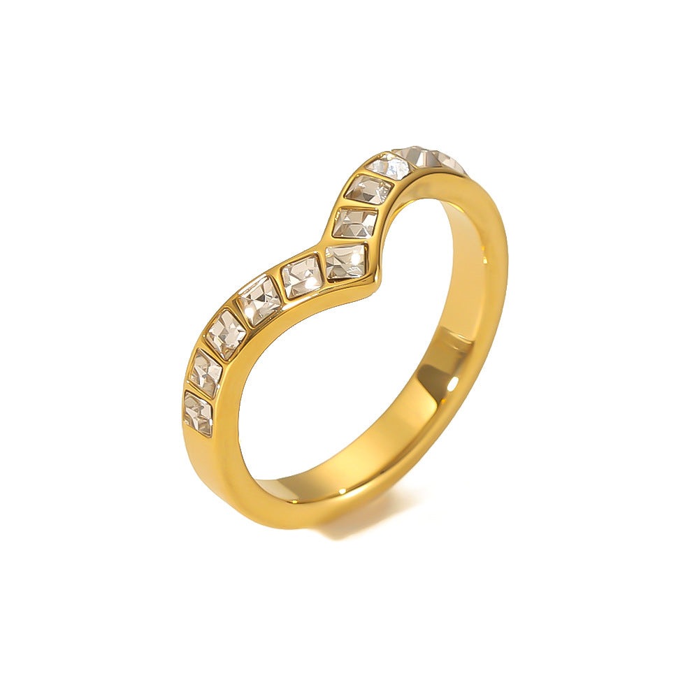Anello da donna minimalista geometrico a V in acciaio inossidabile con intarsio in zirconi e accento a fila di diamanti