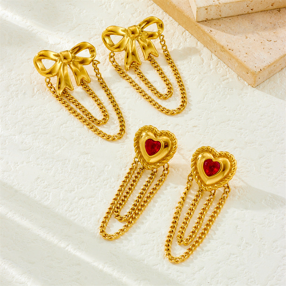 Gold Plated Rhinestone Heart Floral Bow Tassel Stainless Steel Earrings for Women