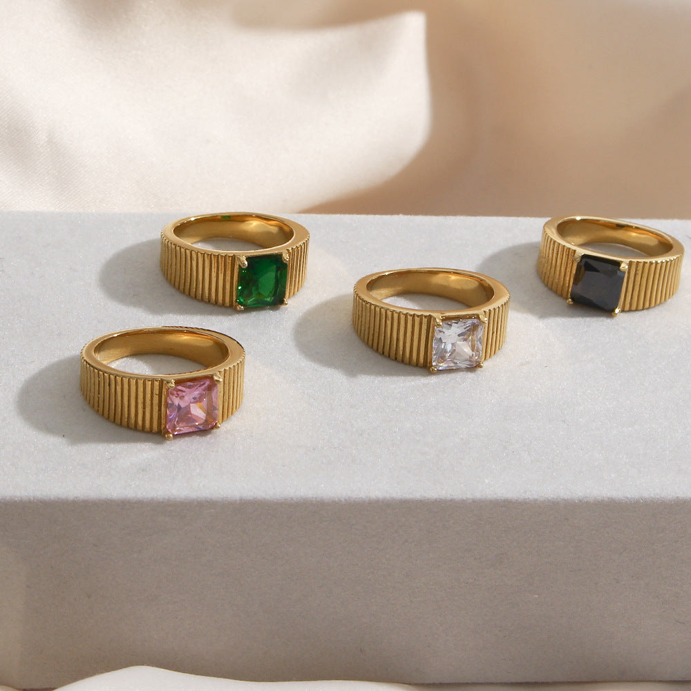 Fashionable Geometric Stainless Steel Ring for Women with Side Stripe Engraving and White Pink Green Rhinestone Accents