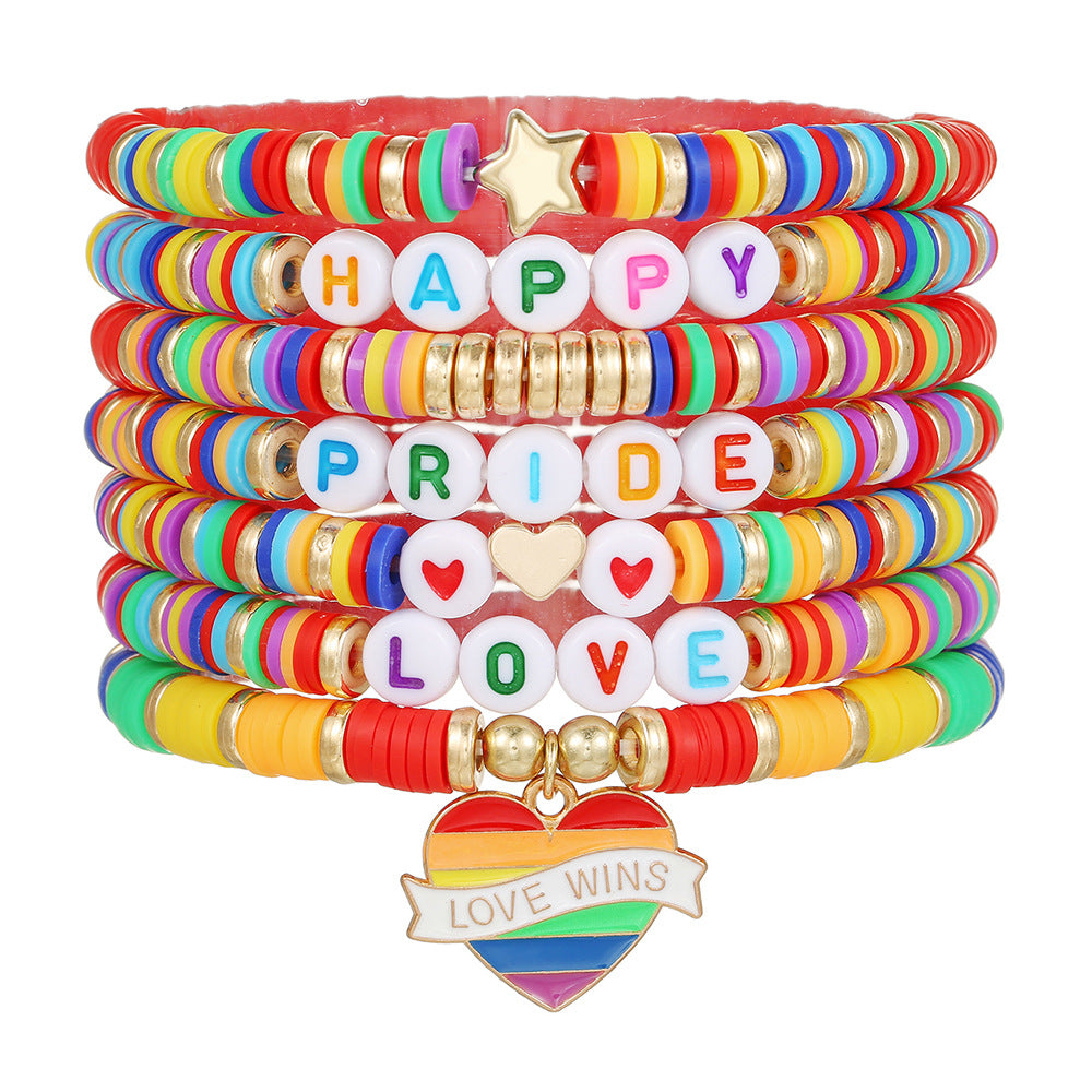 Streetwear Rainbow Gradient Heart Geometric Resin Acrylic Glass Bead Stretch Bracelet Set