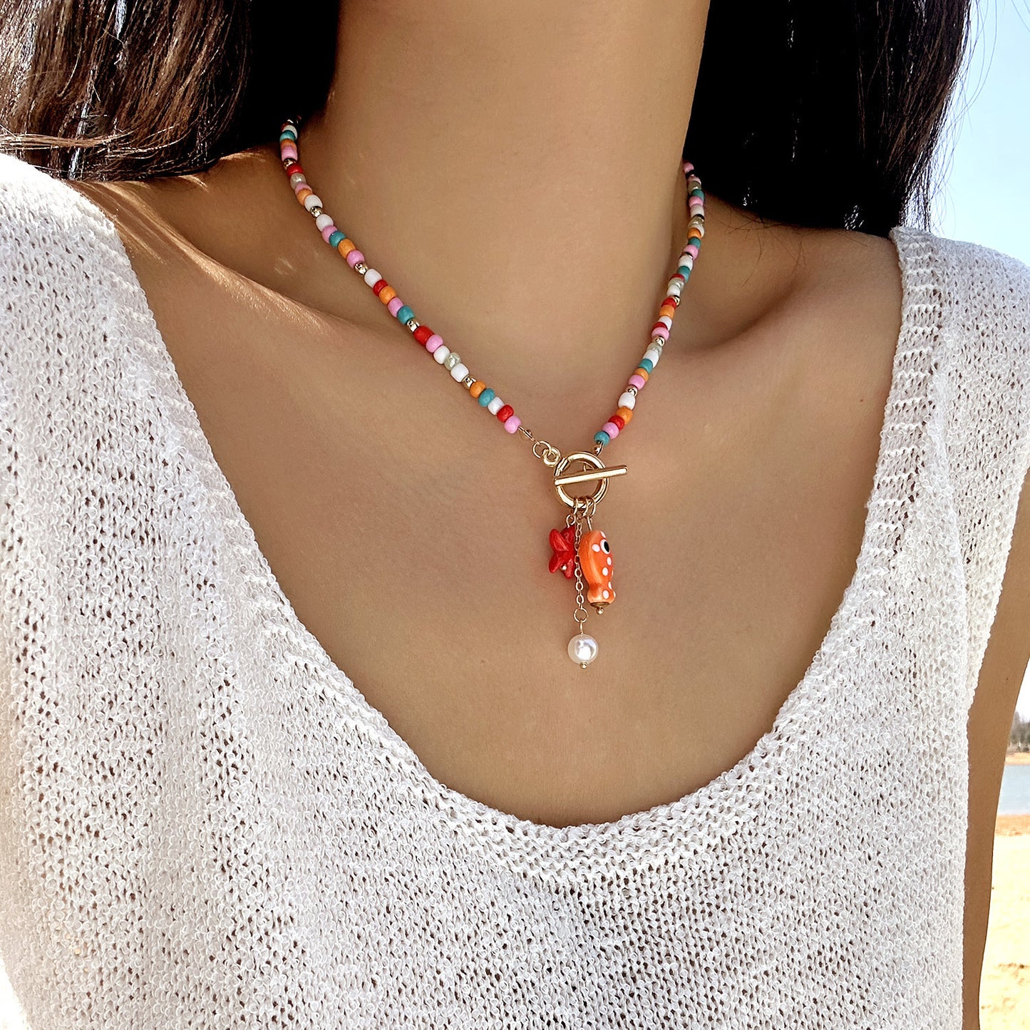 Bohemian Sweet Geometric Ceramic Resin Fish Starfish Turquoise Tassel Beaded Necklace for Women