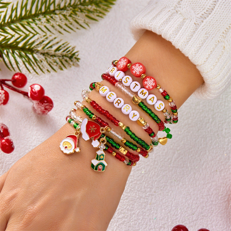 Casual Cartoon Alloy and Resin Beaded Bracelet with Santa Claus and Bell Charms
