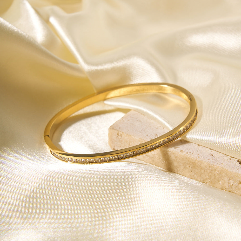 Vintage Minimalist 18K Gold Plated Titanium Steel Cuff Bracelet with White Zircon Inlay for Women