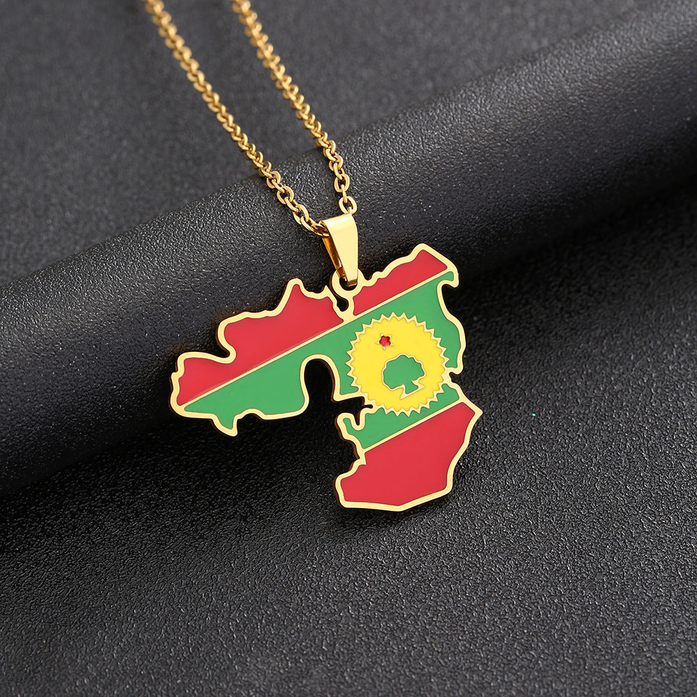 Collana con ciondolo a mappa geometrica in stile etnico in acciaio inossidabile con finitura smaltata, unisex