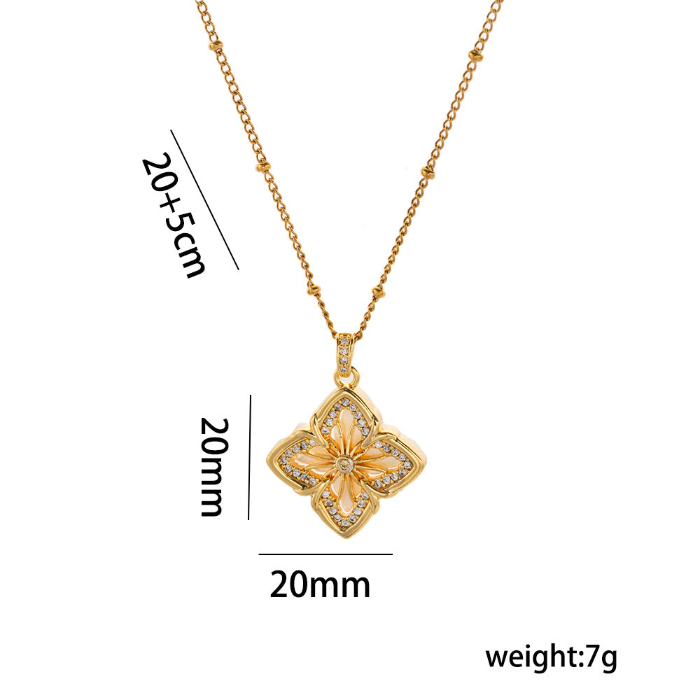 Collar minimalista con colgante de trébol de cuatro hojas en acero de titanio con latón bañado en oro de 18 quilates e incrustaciones de circonio, diseño de doble cara en nácar cepillado