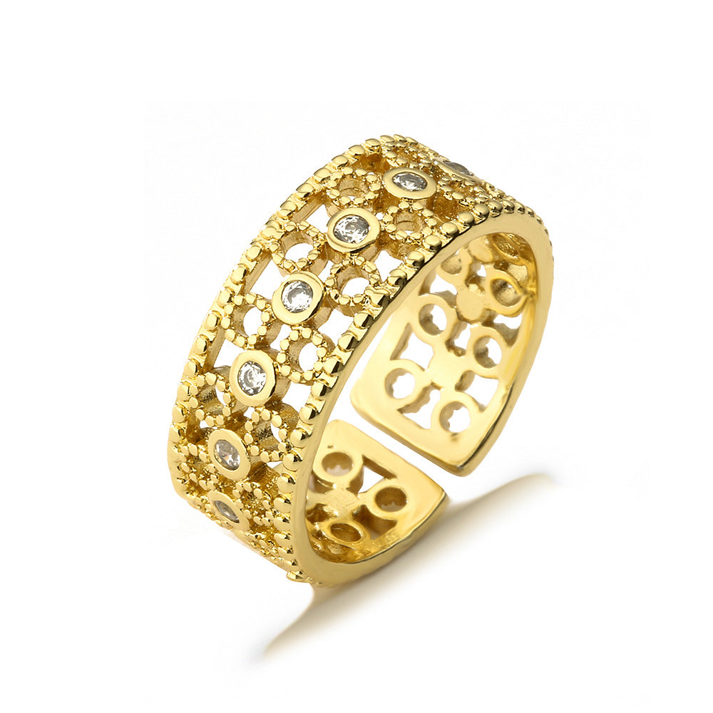 Minimalist Geometric Copper Ring with Real Gold Plating and Zircon Inlay for Women Adjustable Fashion Ring
