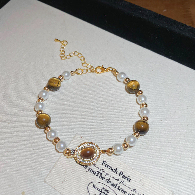 Pulsera de perlas geométricas incrustadas de diamantes de imitación en tono caramelo para mujer, estilo de corte francés vintage, accesorio de moda elegante