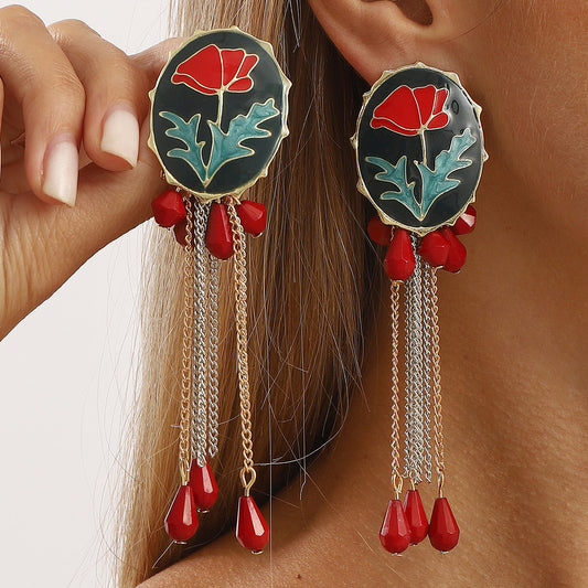 Pendientes de aleación de zinc de lujo con forma floral para mujer con acabado de esmalte y postes de resina