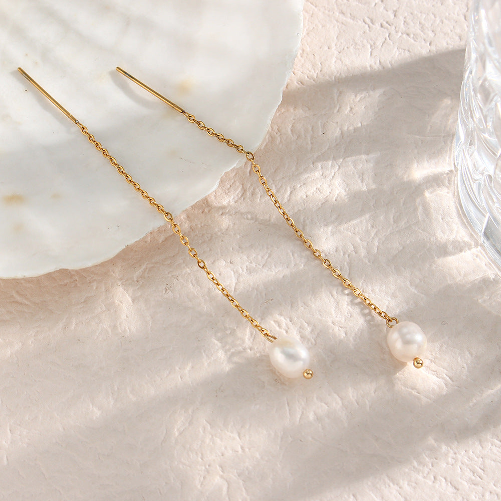Collana da donna alla moda geometrica in acciaio inossidabile placcato con ciondolo a perla, catena ondulata e perla d'acqua dolce